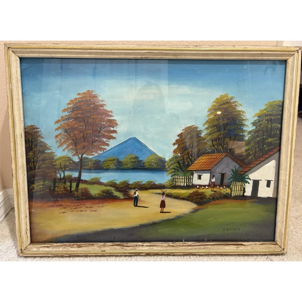 H. Batres Haitian Impressionist Folk Art Oil Painting Vintage Mountain Village